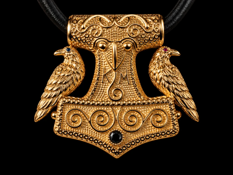 Pozłacany Młot Thora z krukami | Srebro 925 | TYVODAR