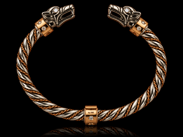 Diamentowy Fenrir | Złota bransoleta z wilkami | TYVODAR
