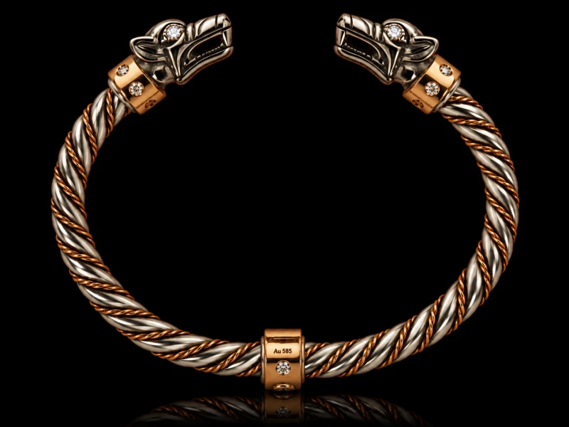 Diamentowy Fenrir | Złota bransoleta z wilkami | TYVODAR